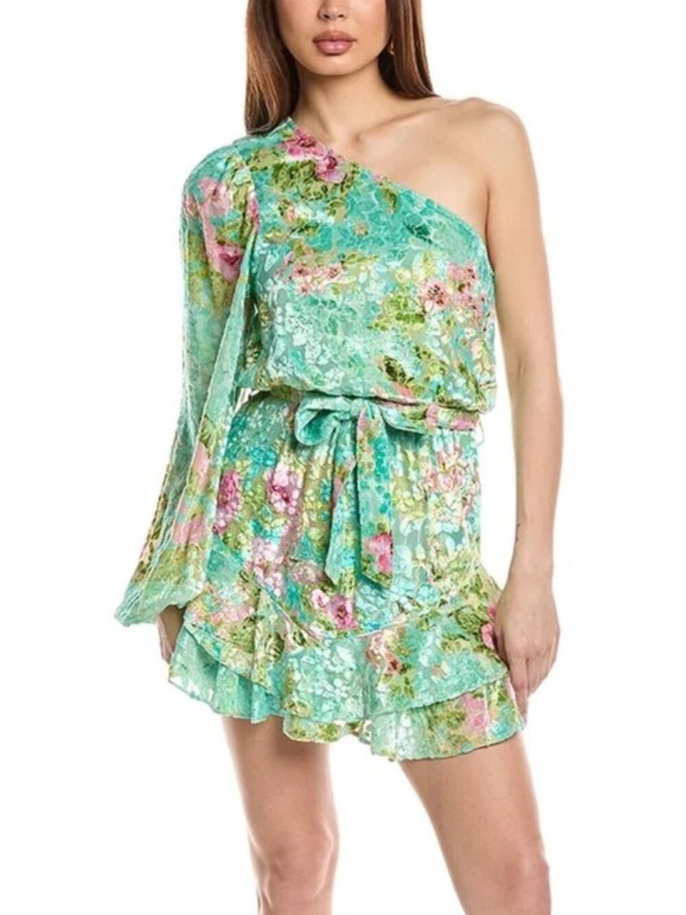 Hemant & Nandita One Shoulder Velvet Burnout Mini Dress Blue Floral